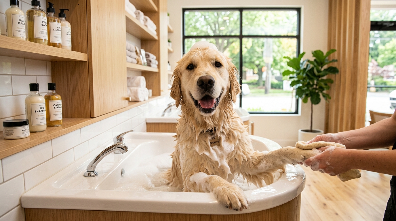 Perrito feliz recibiendo baño y spa en Osiris and Friends